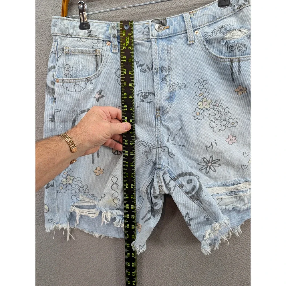 Y2K Wild Fable Denim Shorts Womens Sz 12 Graffiti Doodle Distressed Blue Cotton